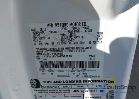 2010 Ford F-150 Fx4/Harley-Davidson/King Ranch/Lariat/Platinum/Xl/Xlt из США, поврежденный, VIN 1FTFW1EV7AFD23219